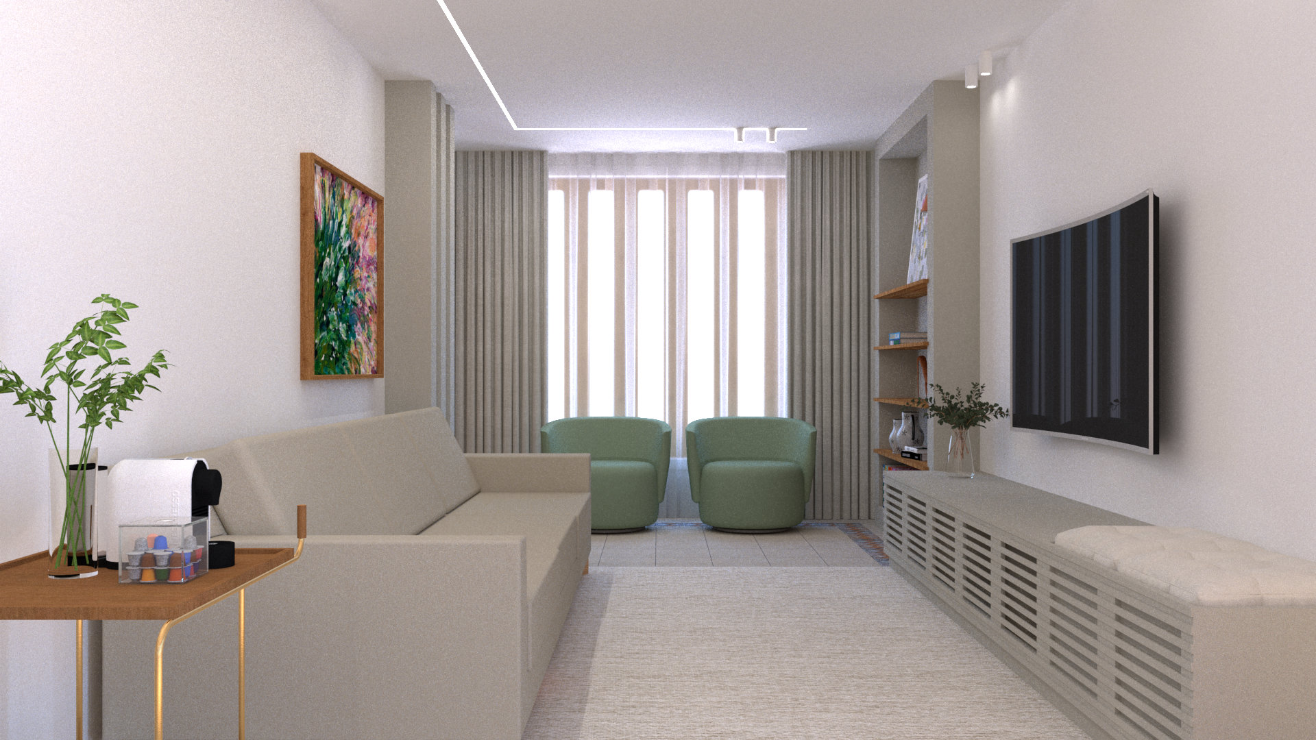 Sala de estar contemporânea com marcenaria planejada e poltronas verdes — imagem 1 de 3